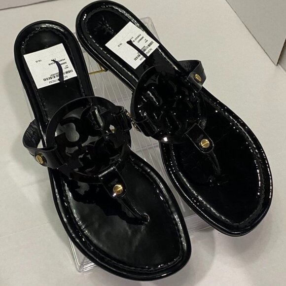 Tory Burch Miller Patent Leather Logo Sandals – Perfect Black, Size 9.5M - Picture 1 of 10